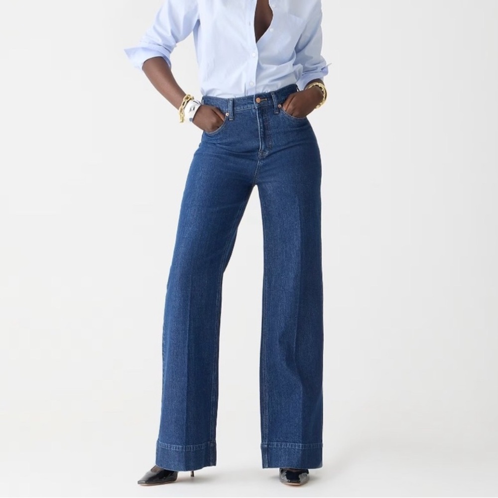 J Crew Wide Leg Denim Trouser Pants in Fiorellas Wash Women's Size 35 - Picture 2 of 8